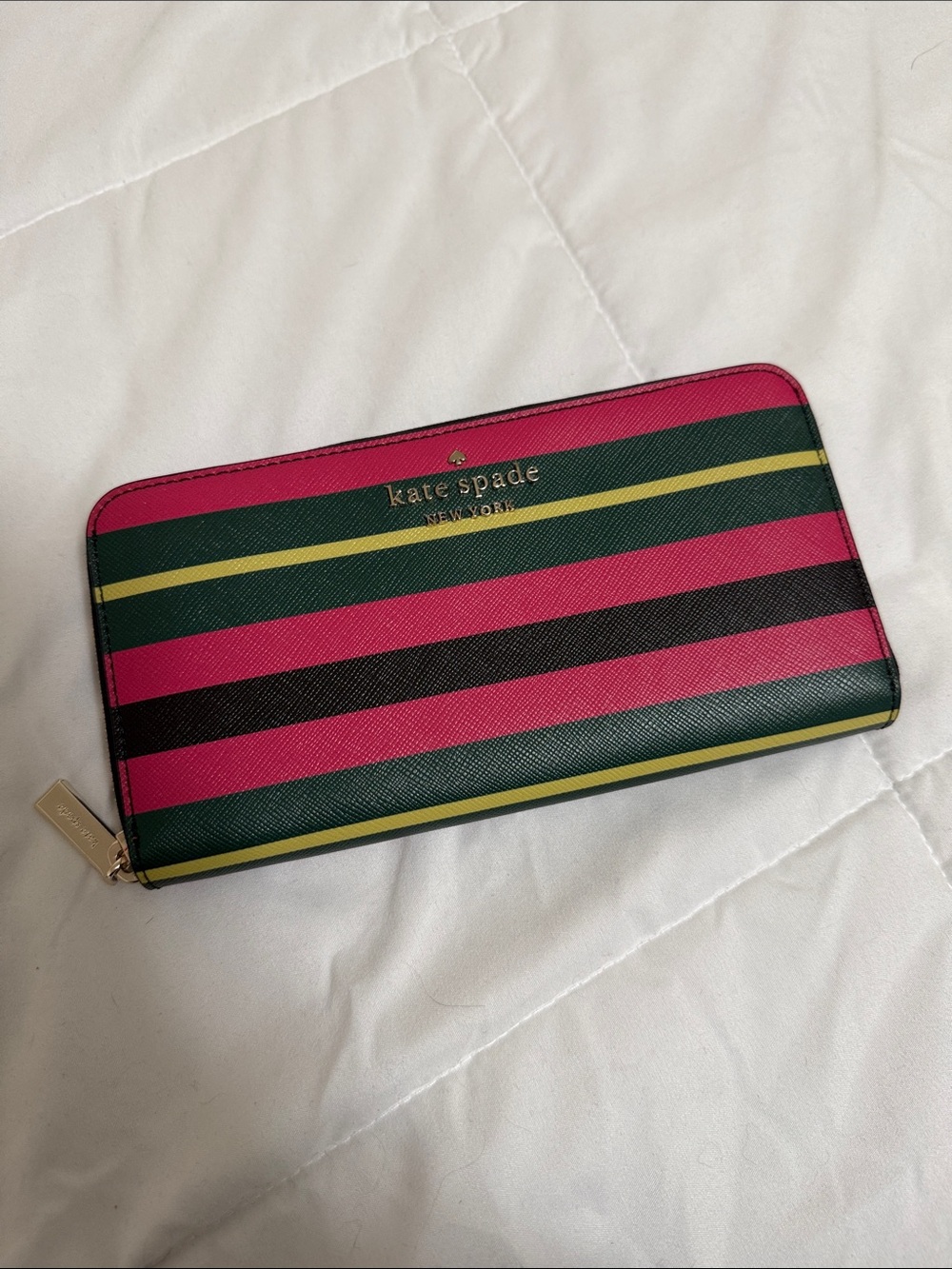 kate spade Striped Zip Wallet in Pink, Green & Black